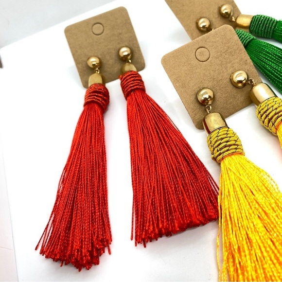 Long Silk Tassel Earrings Set of Three Red Green Yellow - Picture 3 of 6